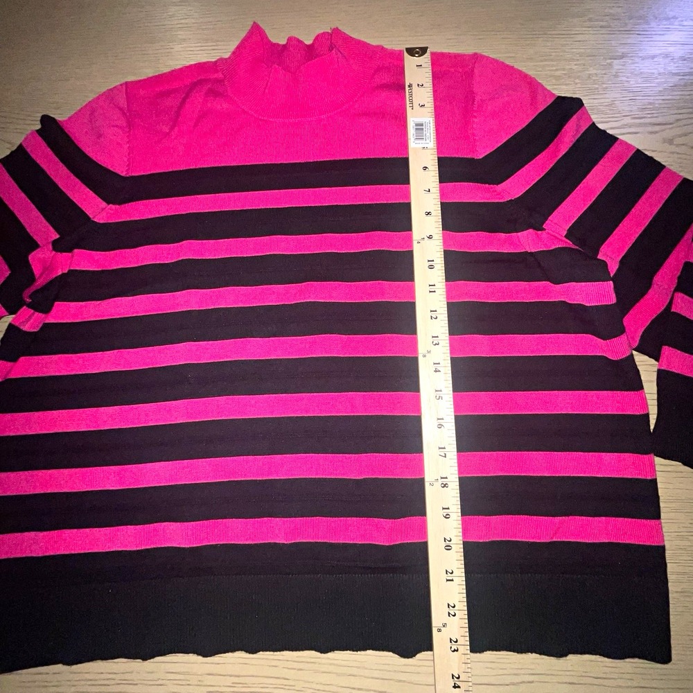 Retrology Womens Mock Neck Striped Knit Sweater Pink Black 1X 3/4 Sleeve